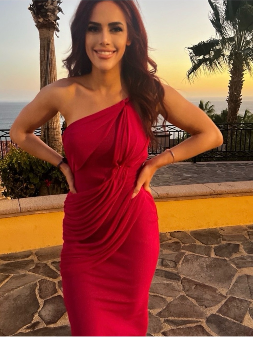 JLUXLABEL One-Shoulder Draped Midi Dress in Hot Pink